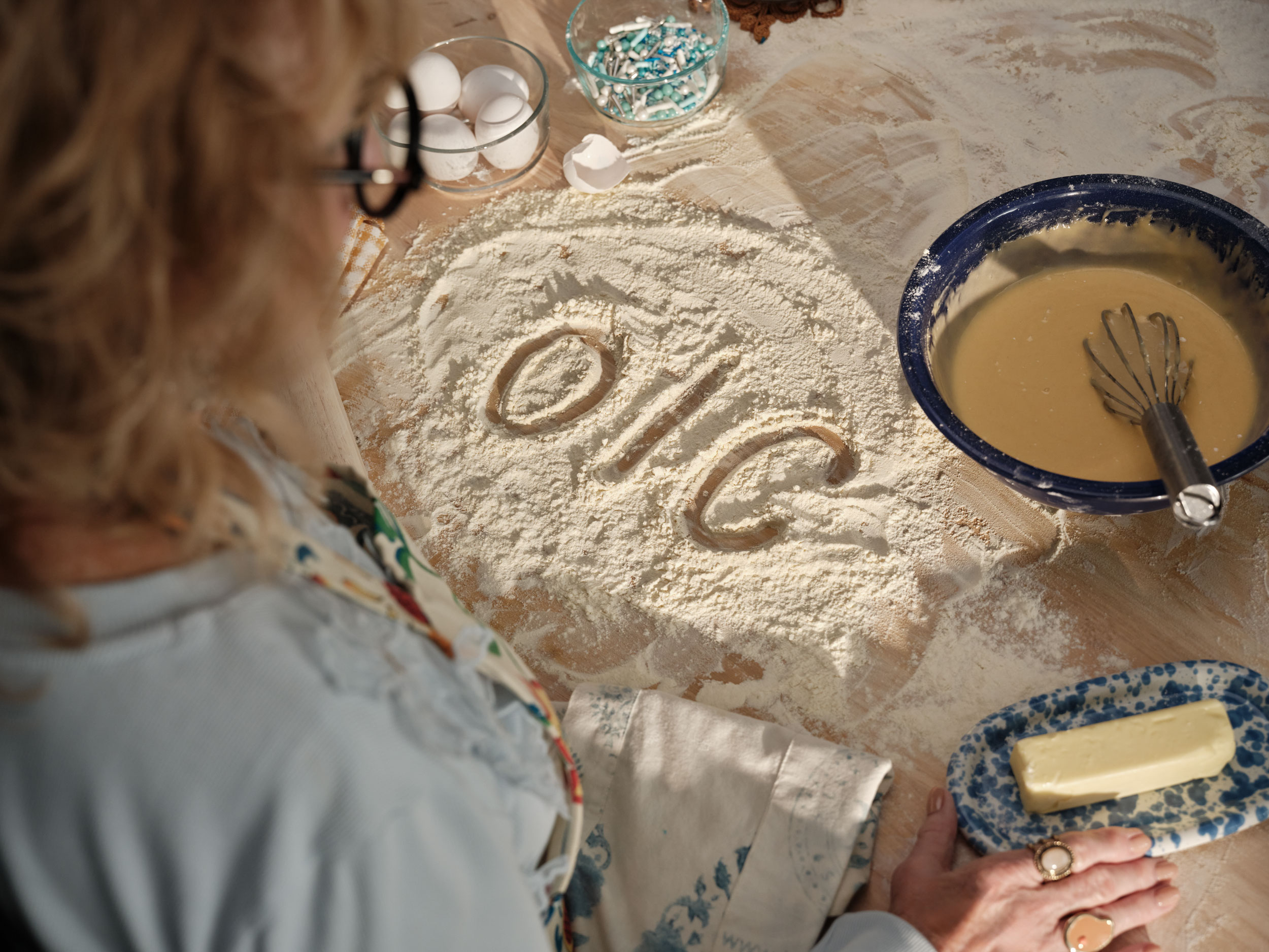 OIC mnemonic traced in flour on a kitchen counter